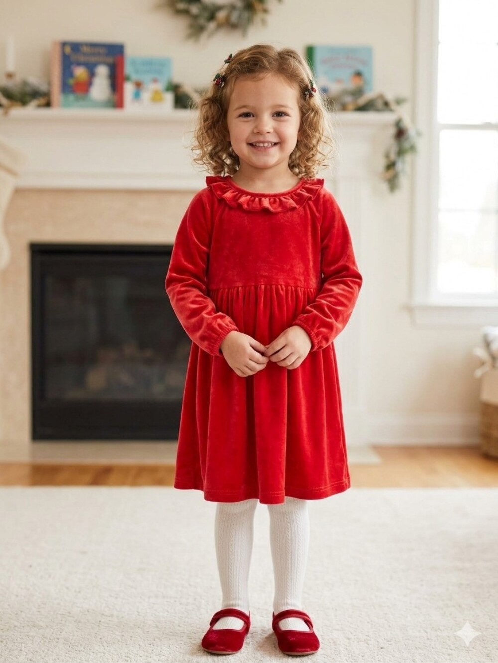 Adventure Wear 360 Red Velvet Long-Sleeve Ruffle Collar Dress